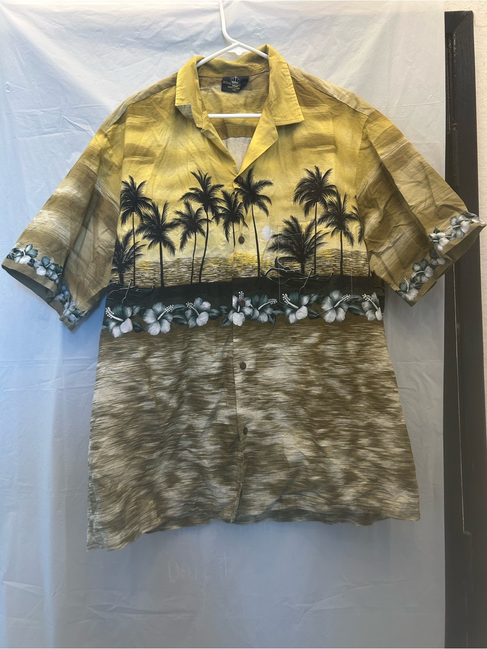 Men's Yellow & Olive Palm-Print Short-Sleeve Button-Down  Hawaiian shirt Sz XXL